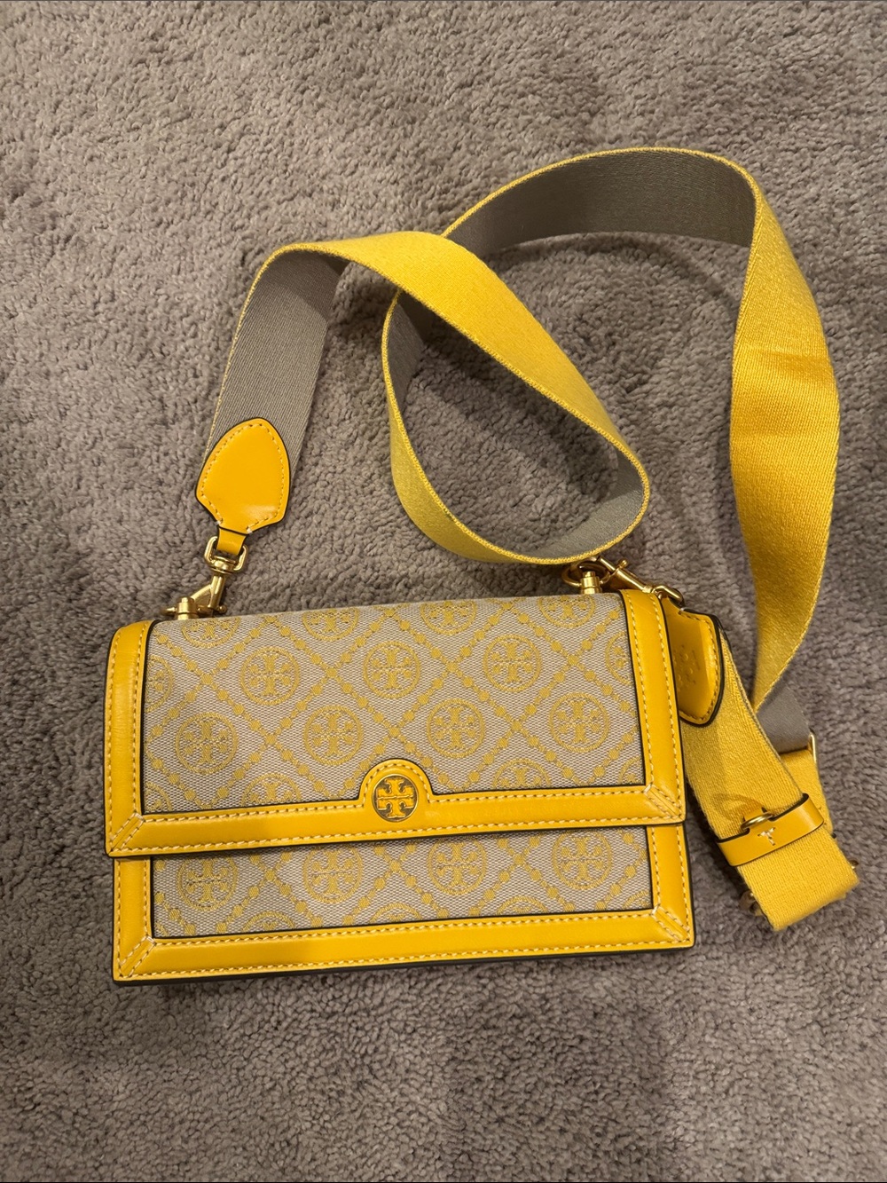 Tory Burch Yellow and Cream Monogram Canvas Crossbody Bag